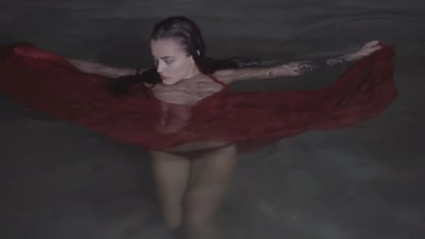 Hermosa mujer seductora con vestido rojo en la piscina al aire libre por la noche — Vídeo de stock