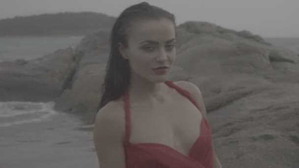 Primi piani di bella donna seducente in abito rosso che si diverte sulle rocce in riva al mare — Video Stock