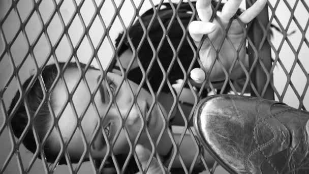 Portrait rapproché d'une belle femme ange sensuelle piégée dans la cage et regardant un homme mystérieux - vidéo en noir et blanc — Video