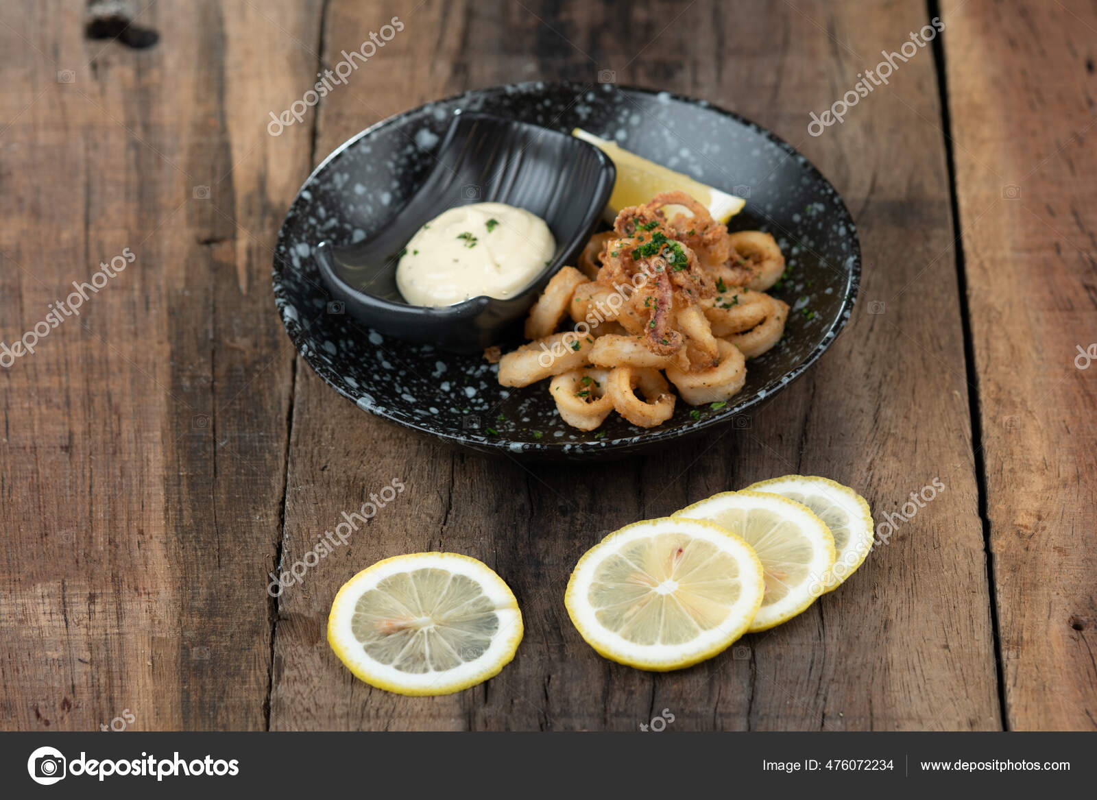 Plate Crunchy Deep Fried Squid Rings Calamari Smoky Red Bell Stock