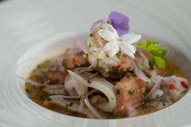 Karides, beyaz levrek, mürekkep balığı, portakal soslu somon, ahşap masada izole edilmiş.