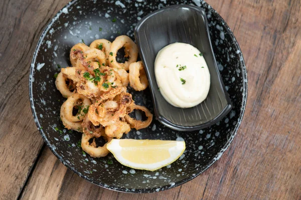 Plate Crunchy Deep Fried Squid Rings Calamari Smoky Red Bell — Stock Photo, Image