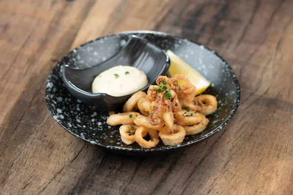 Plate Crunchy Deep Fried Squid Rings Calamari Smoky Red Bell — Stock Photo, Image