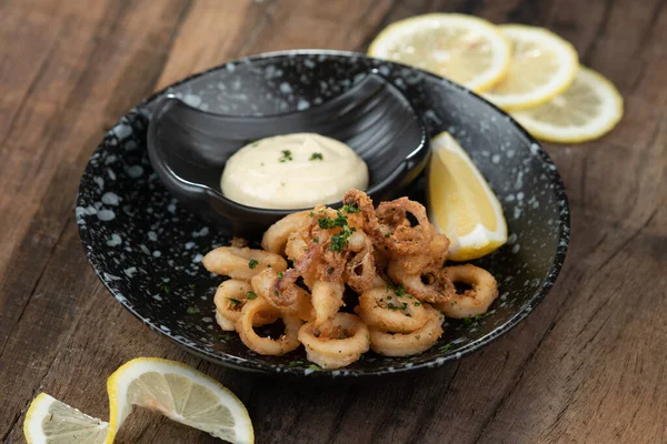 Plate Crunchy Deep Fried Squid Rings Calamari Smoky Red Bell — Stock Photo, Image