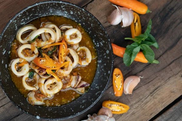 Stir Fried Squid Spicy Chili Garlic Basil Sauce Isolated Wooden — Stock Photo, Image