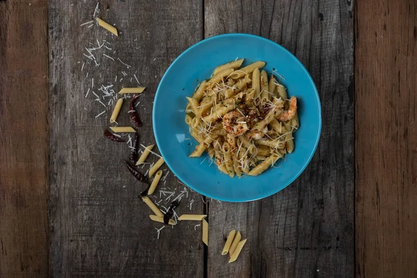 Penne Von Oben Mit Knoblauch Und Aglio Olio Würzige Pasta — Stockfoto