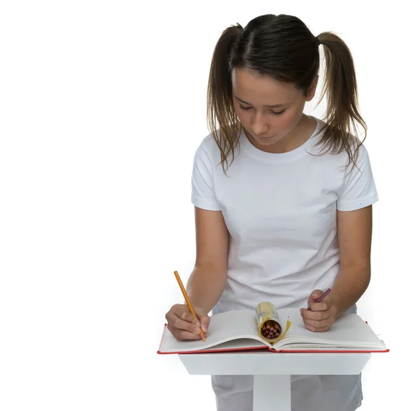 Jonge schoolgirl schrijven klasse nota 's — Stockfoto