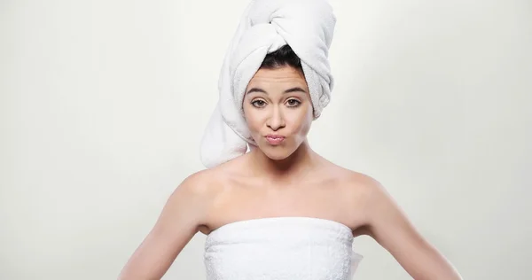 Frustrated Fresh Woman Wrapped in a Towel — Stock Photo, Image