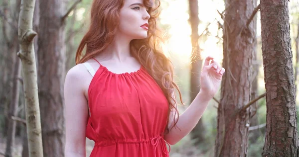 Kırmızı elbiseli şık kadın — Stok fotoğraf