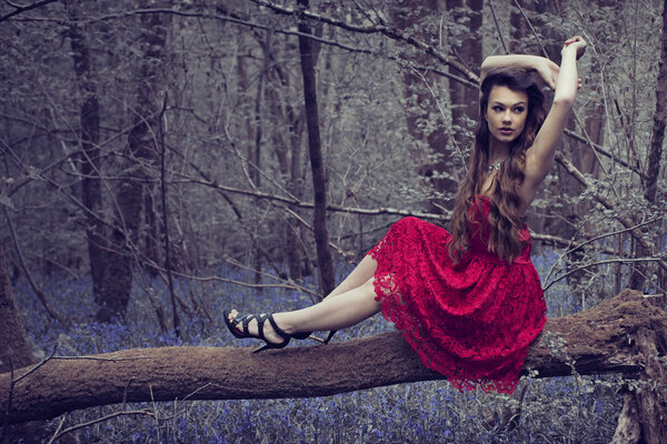 Stylish Woman in red Dress Posing at the Woods