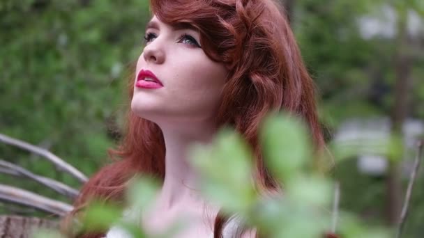 Sexy cabelo vermelho mulher na floresta — Vídeo de Stock
