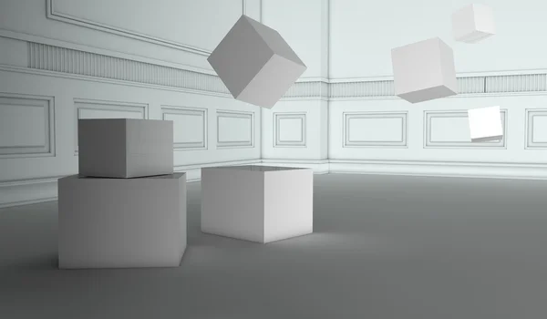 Intérieur rétro abstrait avec cubes volants — Photo