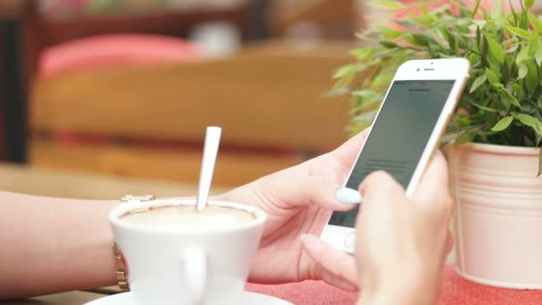 Mujer joven usando teléfono inteligente en la cafetería — Vídeo de stock