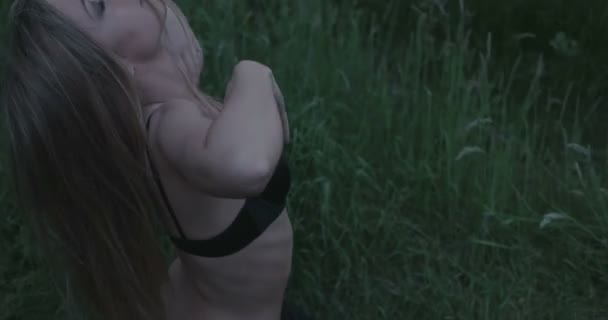 Sexy Frau trägt Dessous in der Natur während des Sonnenuntergangs — Stockvideo