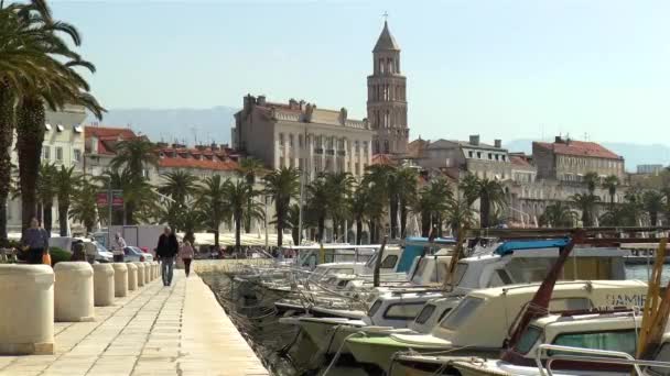 Persone Barche Palme Nella Città Spalato Croazia Persone Barche Palme — Video Stock