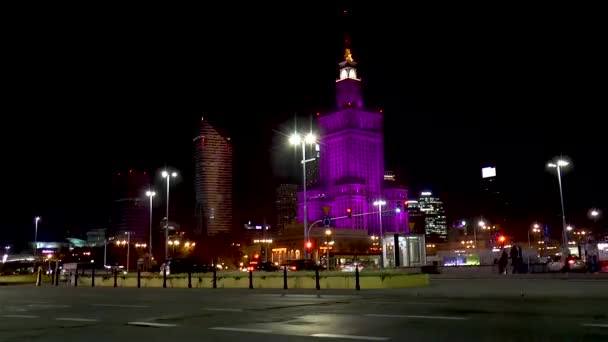 Centrum Warszawy Nocą Ruch Miejski Pałac Kultury Nauki Polska — Wideo stockowe