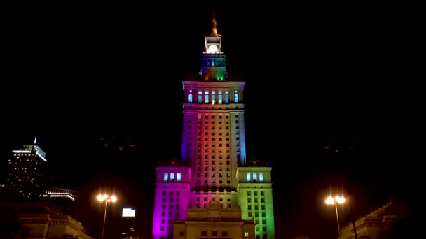 Palazzo Della Cultura Della Scienza Notte Nel Centro Varsavia Polonia — Video Stock