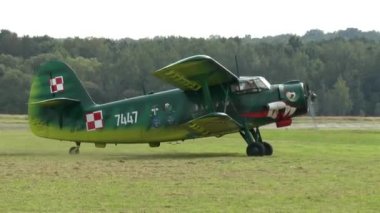 Yaşlı Antonov An-2 çim pistinde çift kanatlı uçak.