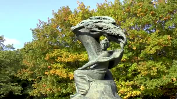ポーランドの作曲家フレデリック ショパンの記念碑 ショパンは柳の木の下でインスピレーションを求めて — ストック動画
