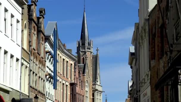 Traditional Medieval Buildings Wollestraat Bruges West Flanders Belgium — Vídeo de stock