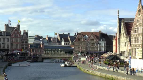 Gravensteen Castle Traditional Buildings Grasbrug Bridge Leie River Ghent Gent — Stockvideo