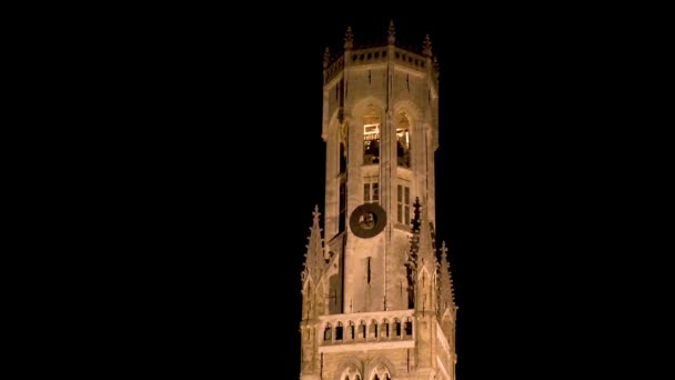 Night View Medieval Belfry Houses Bruges West Flanders Belgium — Vídeos de Stock