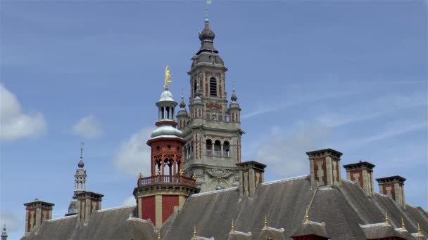 Vieille Bourse Lilleタワーと商工会議所 ベルフライIn Old Town Lille France — ストック動画