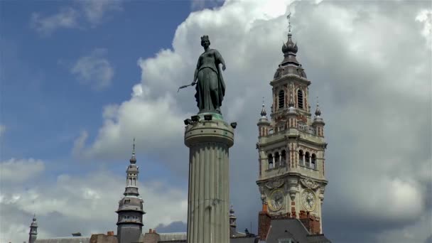 Kolumne Der Göttin Colonne Deesse Und Glockenturm Der Handelskammer Lille — Stockvideo