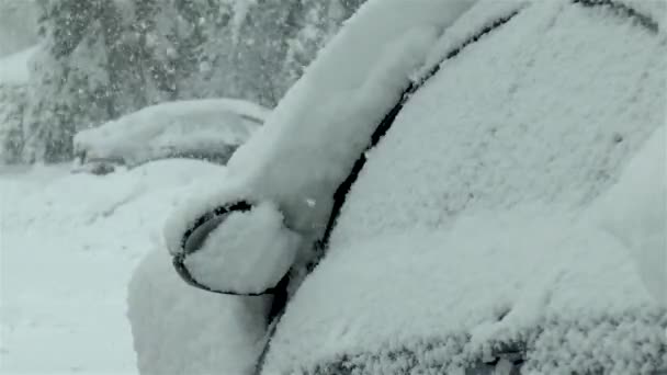 雪に覆われた車 激しい冬の雪は完全に駐車車をカバー — ストック動画