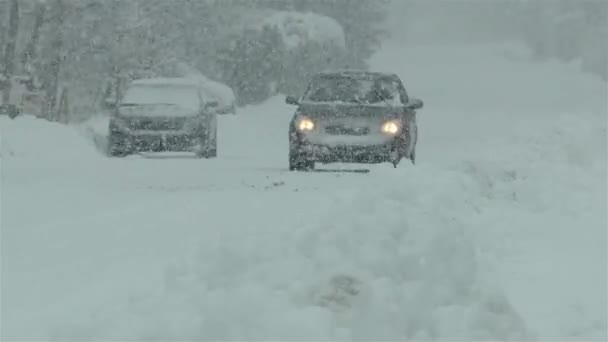 雪に覆われた道路上の大雪の中で運転 豪雪下の雪に覆われた通りを車が通り過ぎる — ストック動画