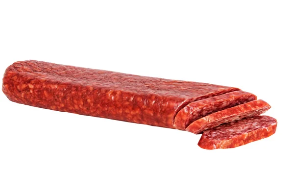 Affettato appetitoso salame isolato su bianco . — Foto Stock