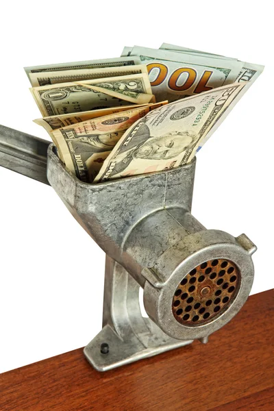Money concept with dollar banknotes in meat grinder taken closeu — Stock Photo, Image