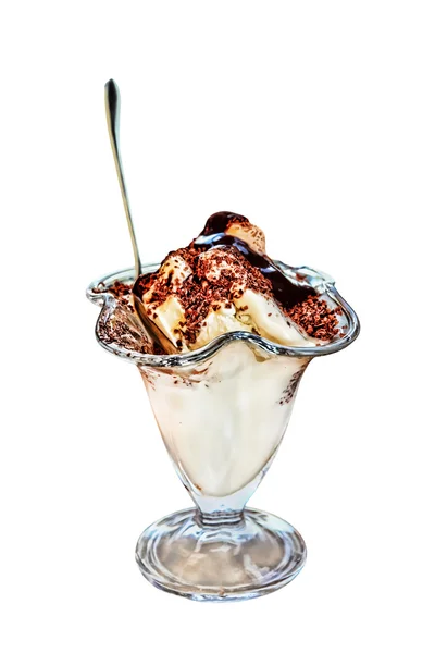 Ice cream topped with chocolate syrup on isolated on white backg — Stock Photo, Image