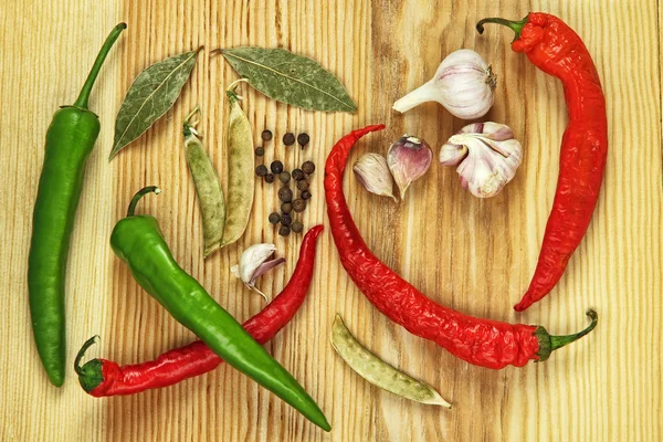 Spezie di pepe e verdure ingredienti per cucinare su b di legno — Foto Stock