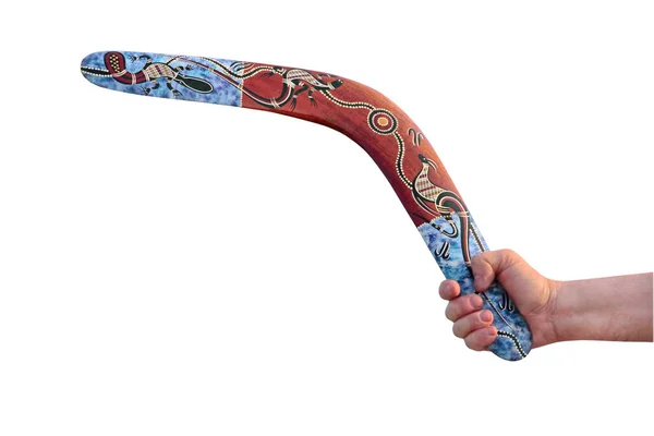 Multicolore Australiano Boomerang Negli Uomini Braccio Preso Primo Piano Isolato — Foto Stock