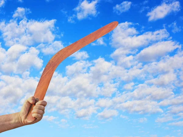 Australian Boomerang Men Hand Taken Closeup Cloudy Blue Sky — Stock Photo, Image