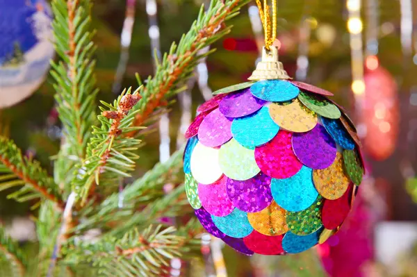 Boule de Noël multicolore sur branche d'épinette . — Photo