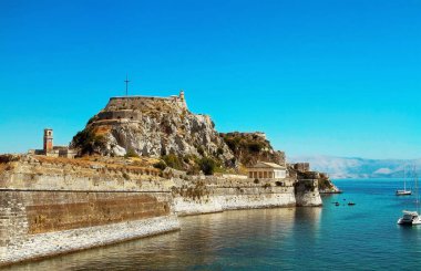 Eski Kale Paleo Frourio 'nun panoramik manzarası. Kerkyra Sity, Korfu Adası, Yunanistan, Avrupa.