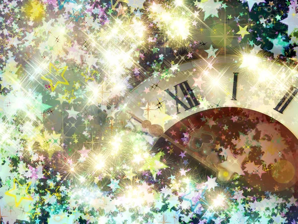 新しい年の前夜。時計の文字盤と輝く星が輝く. — ストック写真