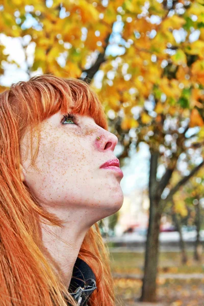 Dreamy red hair girl face with freckles taken closeup. — Stock Photo, Image