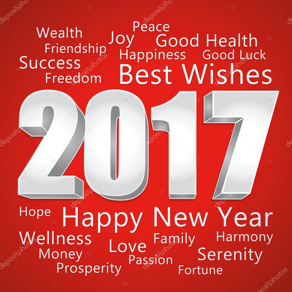 2017 Happy New Year. Best wishes. Red and silver greeting card.