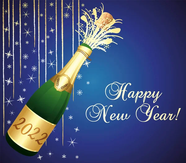Голубая Золотая Поздравительная Открытка 2022 Новым Годом Бутылкой Шампанского Пробки — стоковый вектор