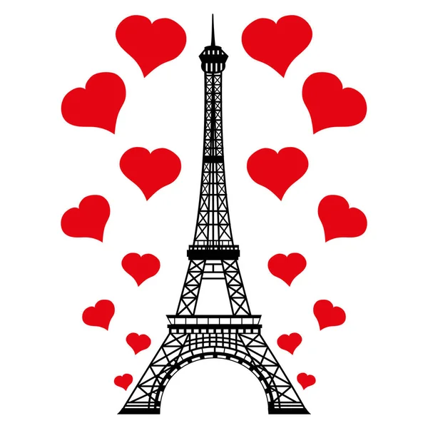 Eiffel Tower Surrounded Red Hearts Love Paris France Design Europe — Stock Vector