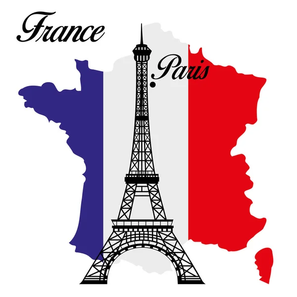 エッフェル塔 フランスの首都 フランスの地図上の三色の旗のアイコンを埋め込みます ベクターイラスト — ストックベクタ