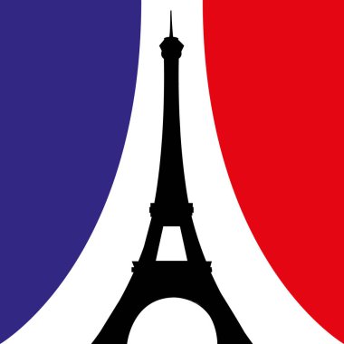 Eyfel Kulesi, Paris. Fransa. Vektör Eiffel Kulesi üç renkli Fransız bayrak perdelerinin önünde. Görüntü.