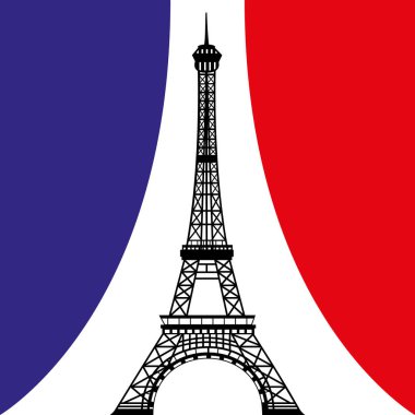 Eyfel Kulesi, Paris. Fransa. Vektör Eiffel Kulesi üç renkli Fransız bayrak perdelerinin önünde. Resim II.