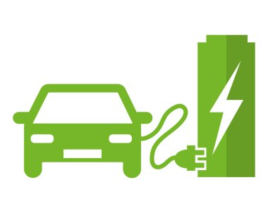 Şarj istasyonundaki elektrikli araba. Yeşil vektör resimleme resim grafiği.