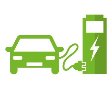 Şarj istasyonundaki elektrikli araba. Yeşil vektör resimleme pictogram II.