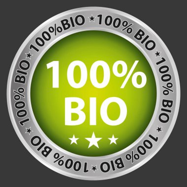 Yüzde yüz biyoloji. Gri arkaplanda krom ve yeşil% 100 doğal ürün vektörü simgesi.