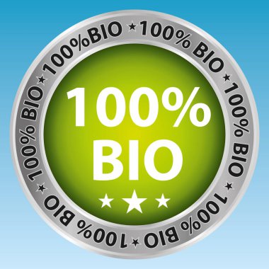 Yüzde yüz biyoloji. Gökyüzü arka planında krom ve yeşil% 100 doğal ürün vektörü simgesi.